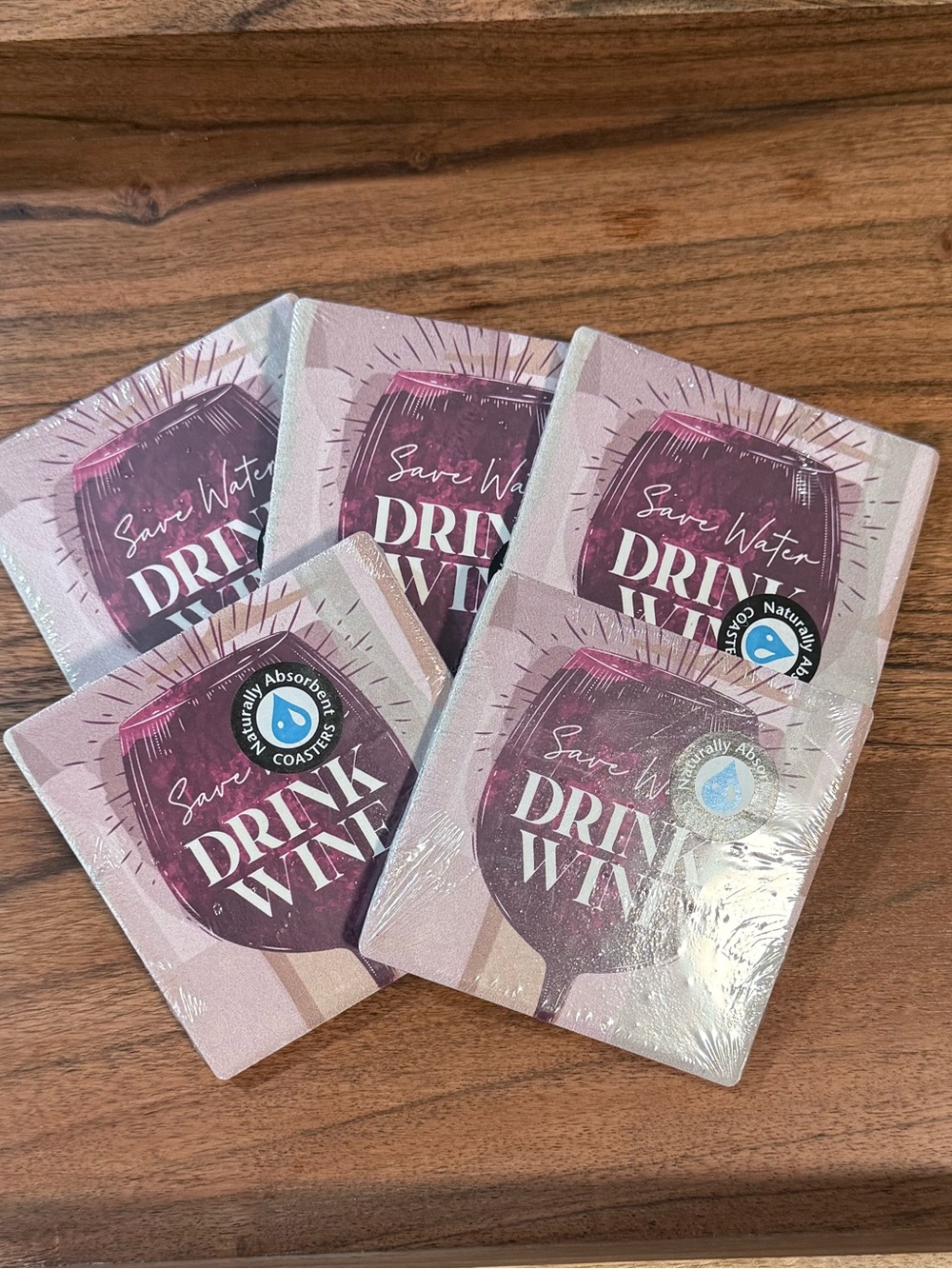 'Save Water Drink Wine' Coaster Set | Set of Five | Brand New